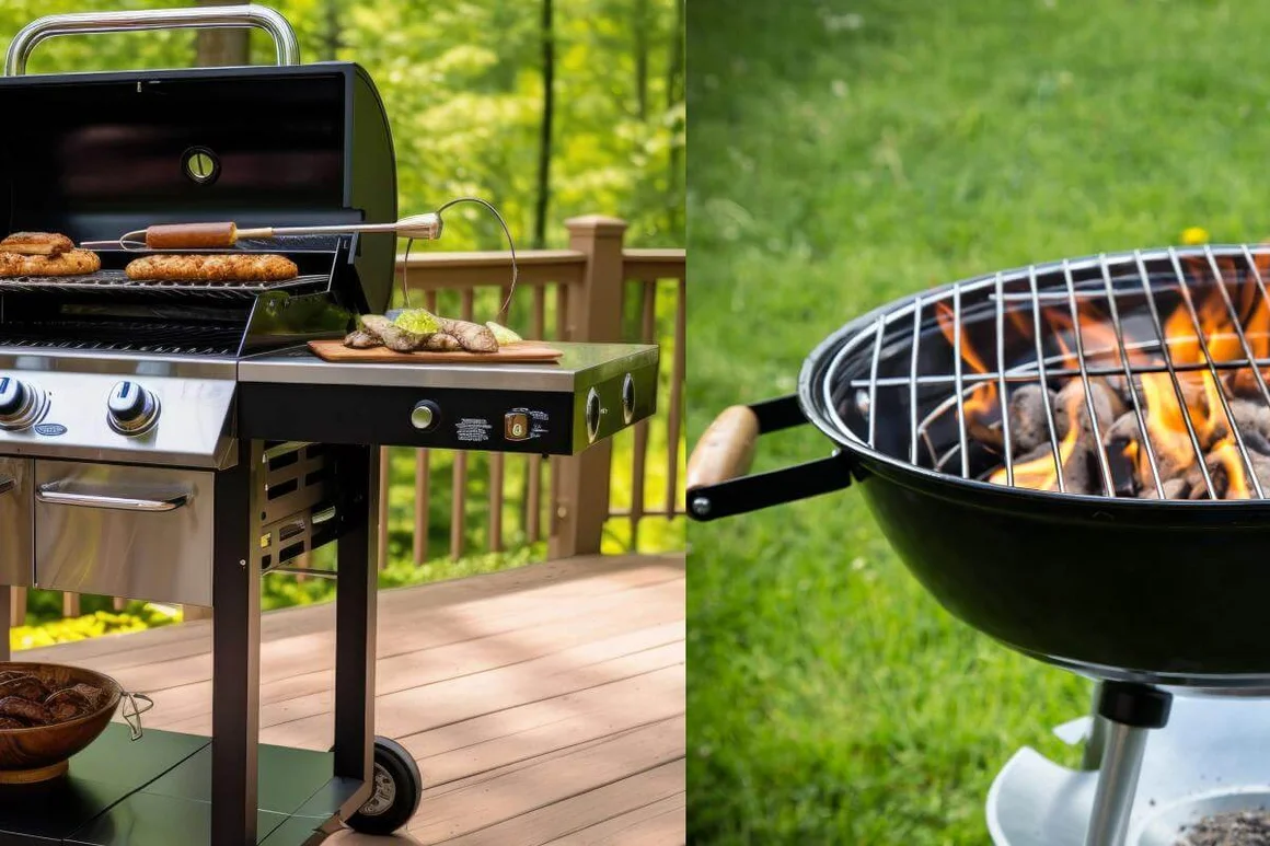 Zwei Grills: Ein Gasgrill und ein Holzkohlegrill